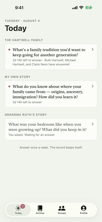 The app on an iPhone, listing this week's open question for the family and two more waiting to be answered.